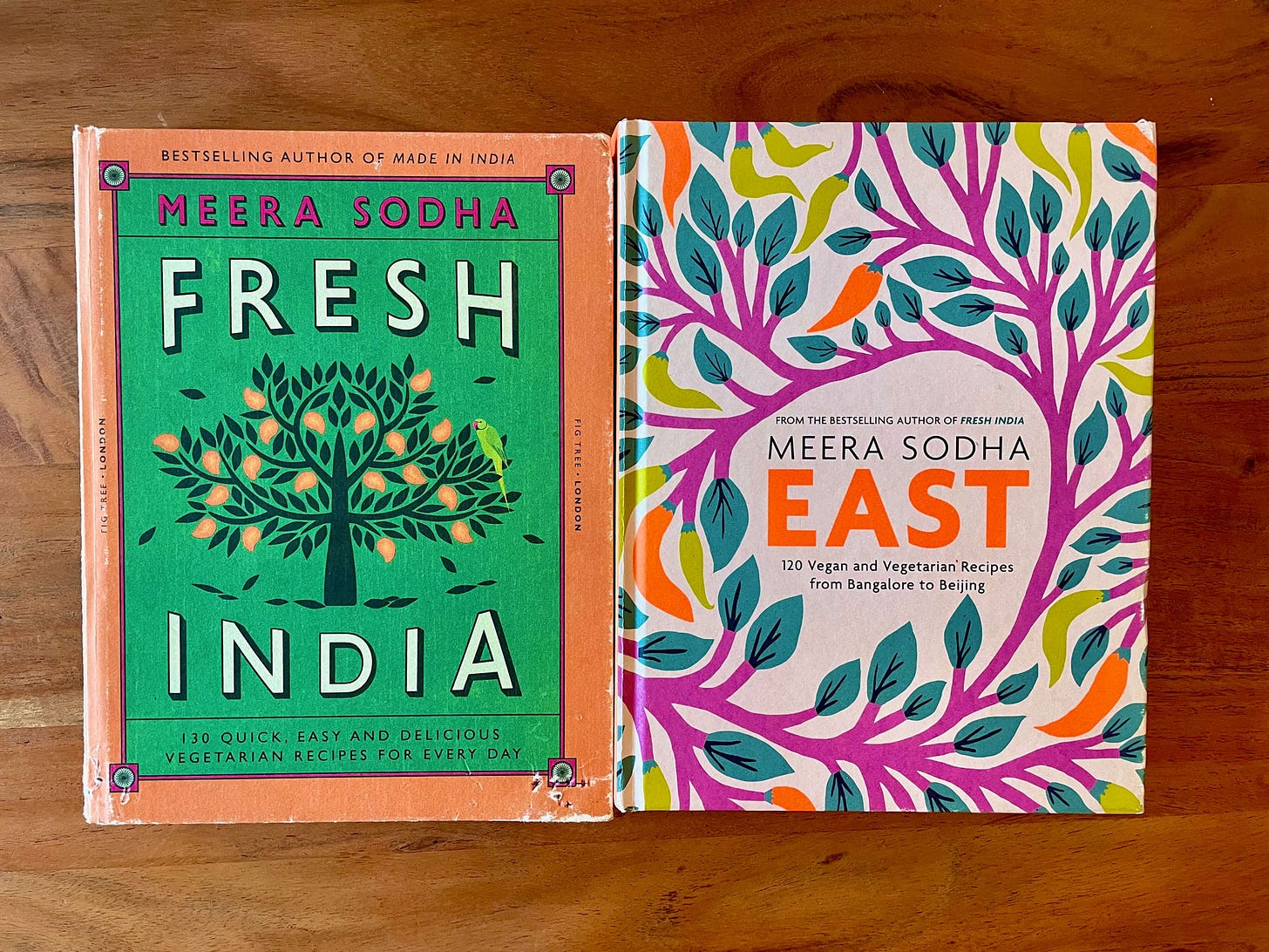 Two well-loved Meera Sodha cookbooks: Fresh India on the left and East on the right