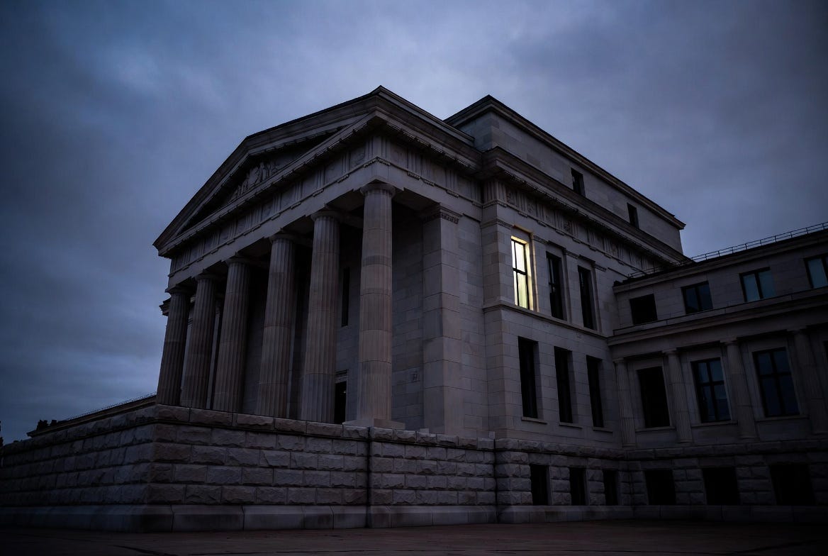 Neoclassical stone government building exterior at dusk, tall columns, heavy facade, single illuminated window against a dark sky