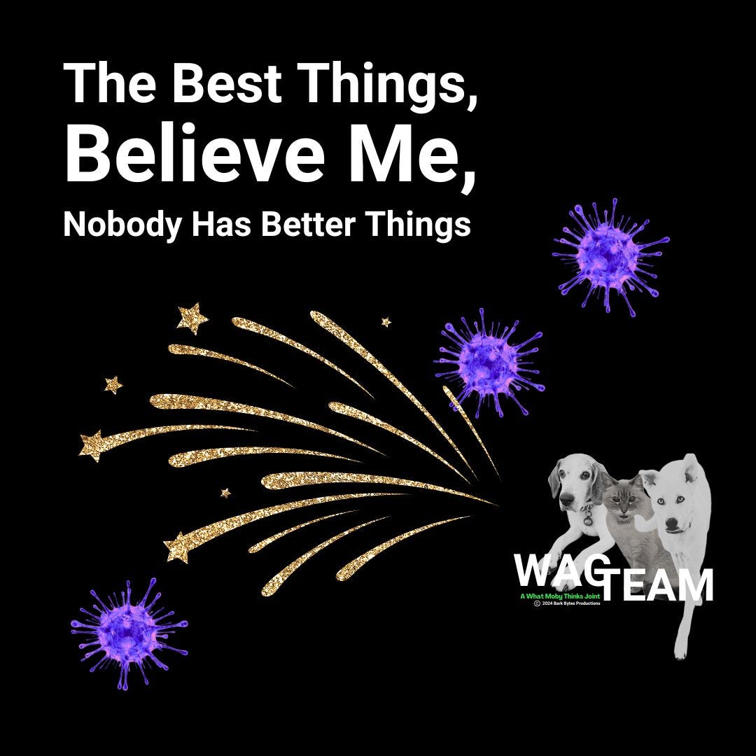 A stark black background featuring 'The Best Things, Believe Me, Nobody Has Better Things' in bold white text, accompanied by golden shooting stars that suspiciously resemble space lasers. Purple virus particles float menacingly while the WAG TEAM trio - a philosophical hound, a skeptical cat, and a concerned husky - observe the chaos with visible judgment.
