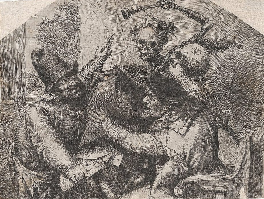 Paiting of the grim reaper and two card players