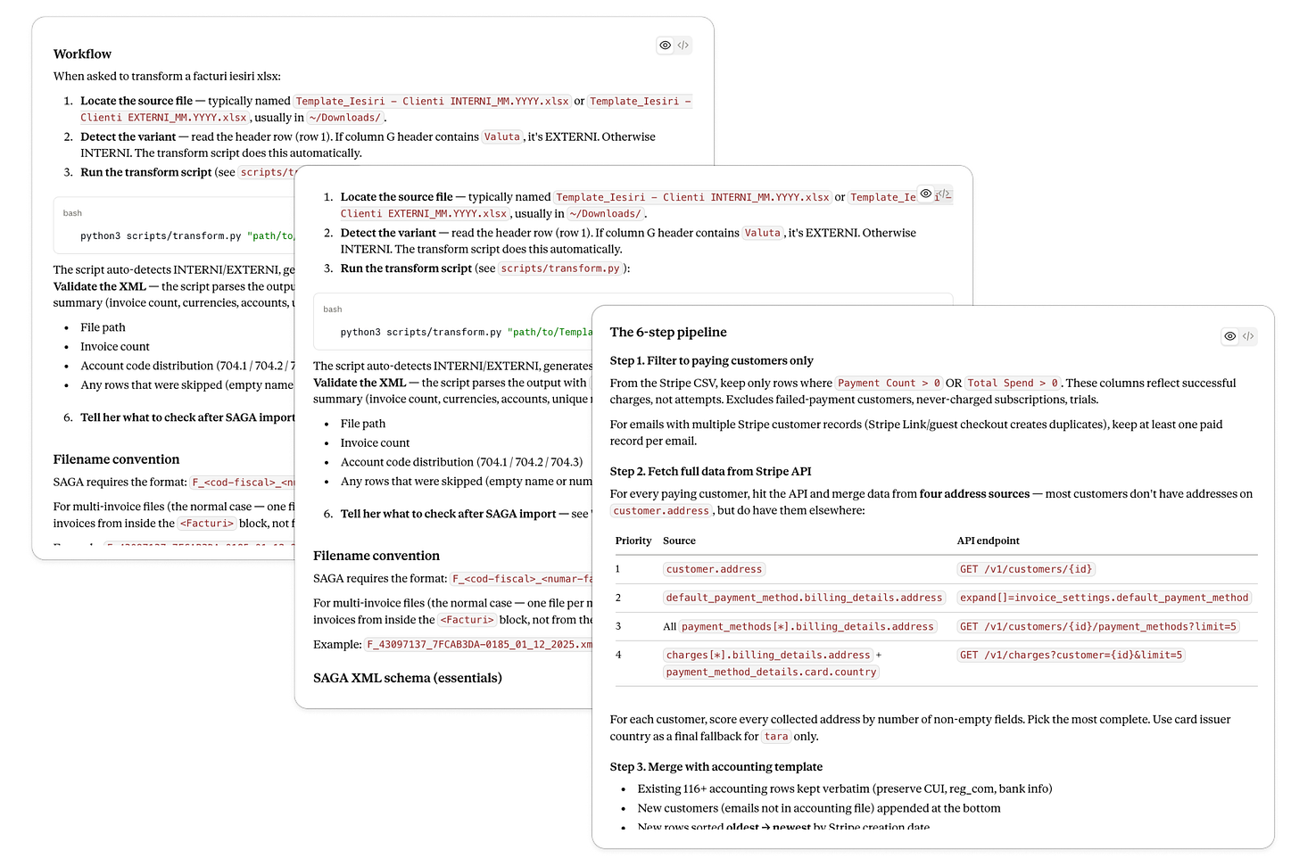 Claude skill files behind a finance automation that converts invoice and customer data into SAGA-ready XML for bulk import into Romanian accounting software with no API.
