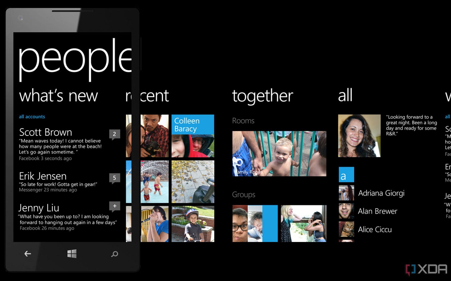 4 phone screens left to right, the first depicting a social feed with the title "What's new", the following featuring photos from friends titled "Recent" and "Together", the last one listing out the user's contacts, all under the umbrella heading of "People"