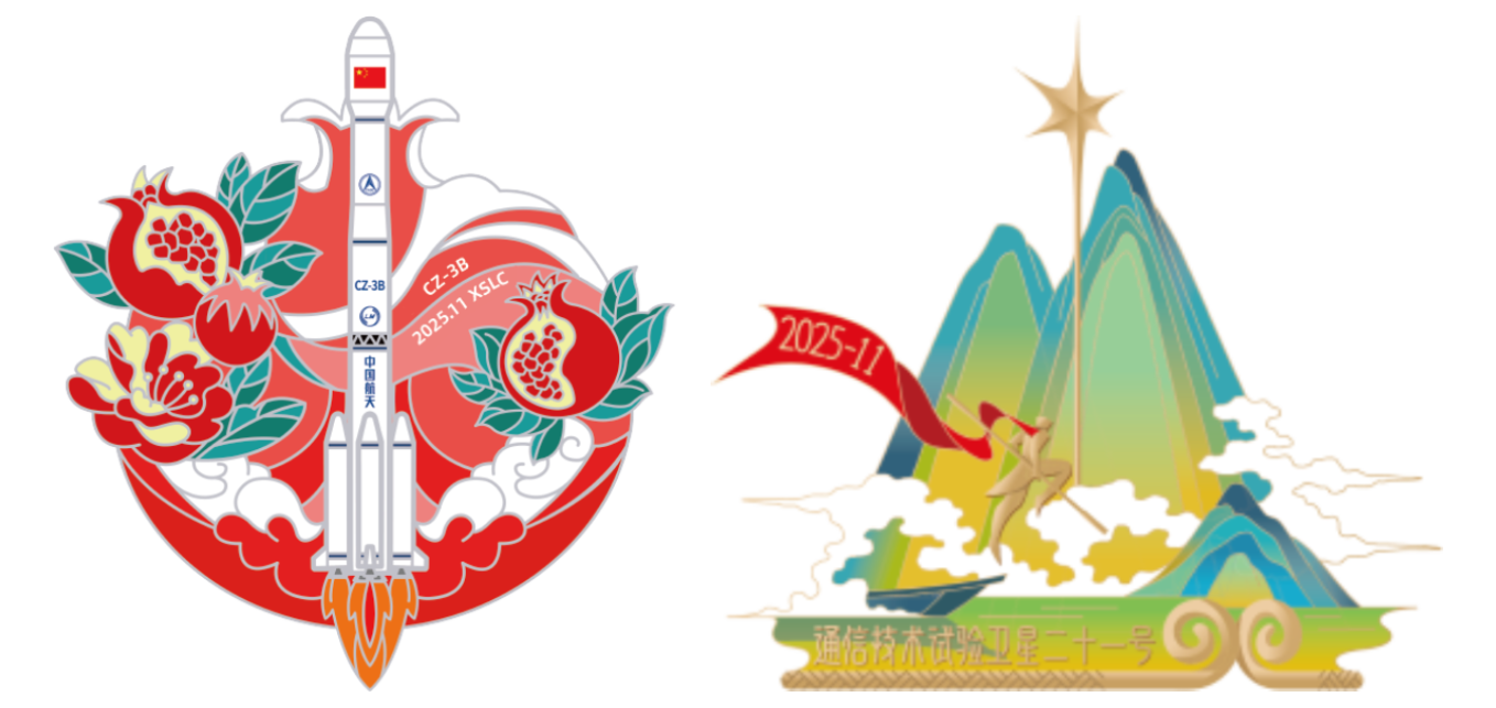 Patches from the China Academy of Launch Vehicle Technology for the Long March 3B/E launch mission (left) and the Shanghai Academy of Spaceflight Technology for the TJSW-21 satellite (right). Patches from the China Academy of Launch Vehicle Technology for the Long March 3B/E launch mission (left) and the Shanghai Academy of Spaceflight Technology for the TJSW-21 satellite (right).