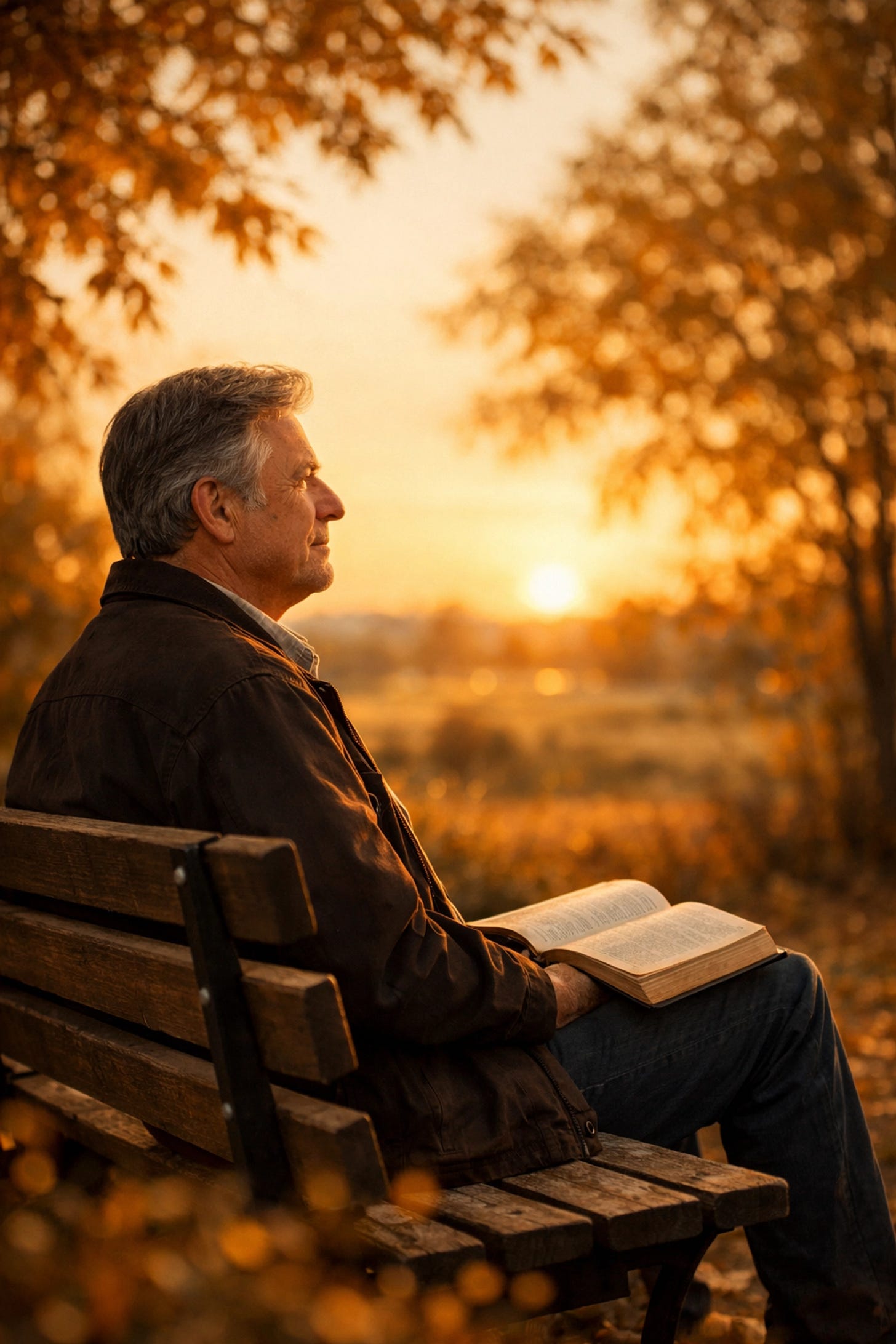Man reading Bible on park bench at golden hour, reflecting on spiritual legacy and discipleship