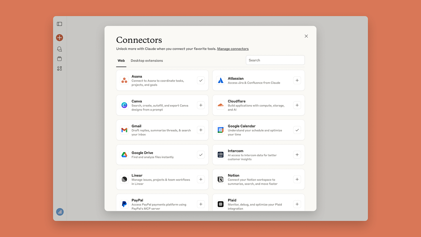 Claude's connectors directory, showing apps and services that can be connected to Claude with one click Claude's connectors directory, showing apps and services that can be connected to Claude with one click