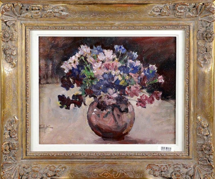 'Bloemstilleven' - marouflé: Edzard Koning (kavel 2754, Van Zadelhoff Veilingen)