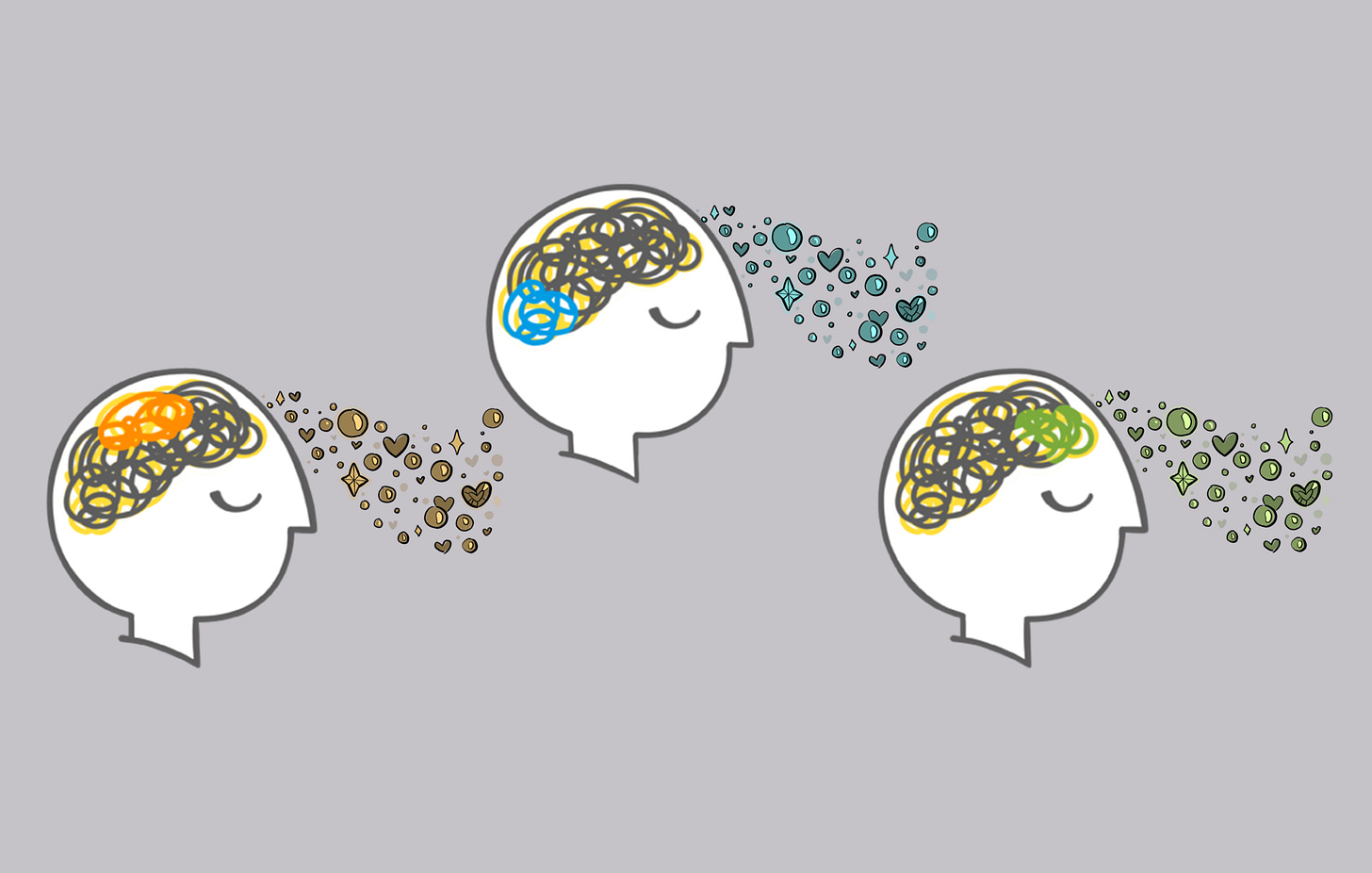 three heads in profile facing right, with brains showing as squiggles. A section of each brain is lit up in a color, to represent a person's thinking style for the purpose they are focused on right now. Each person has a bunch of cognition floating out of their brain, in the form of crystal balls, hearts, and stars. Each person switches thinking style when they switch to a different purpose. Even within one purpose, each person might switch thinking style based on context.