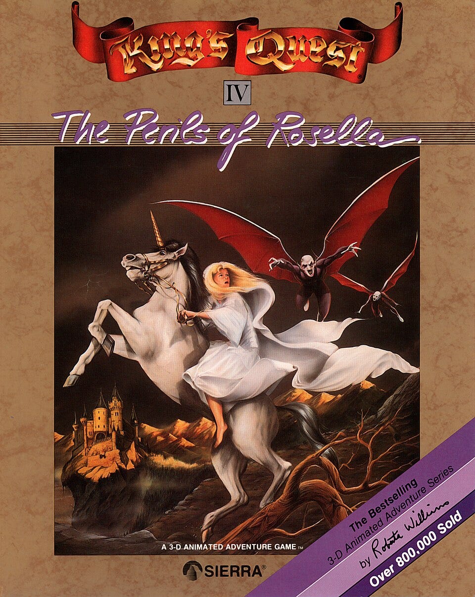 Cover art for King's Quest IV, depicting fantasy elements and a female character Cover art for King's Quest IV, depicting fantasy elements and a female character