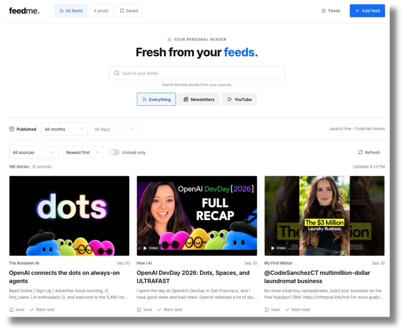 FeedMe RSS reader built with ChatGPT Sites, showing searchable newsletter and YouTube feeds in a card grid.