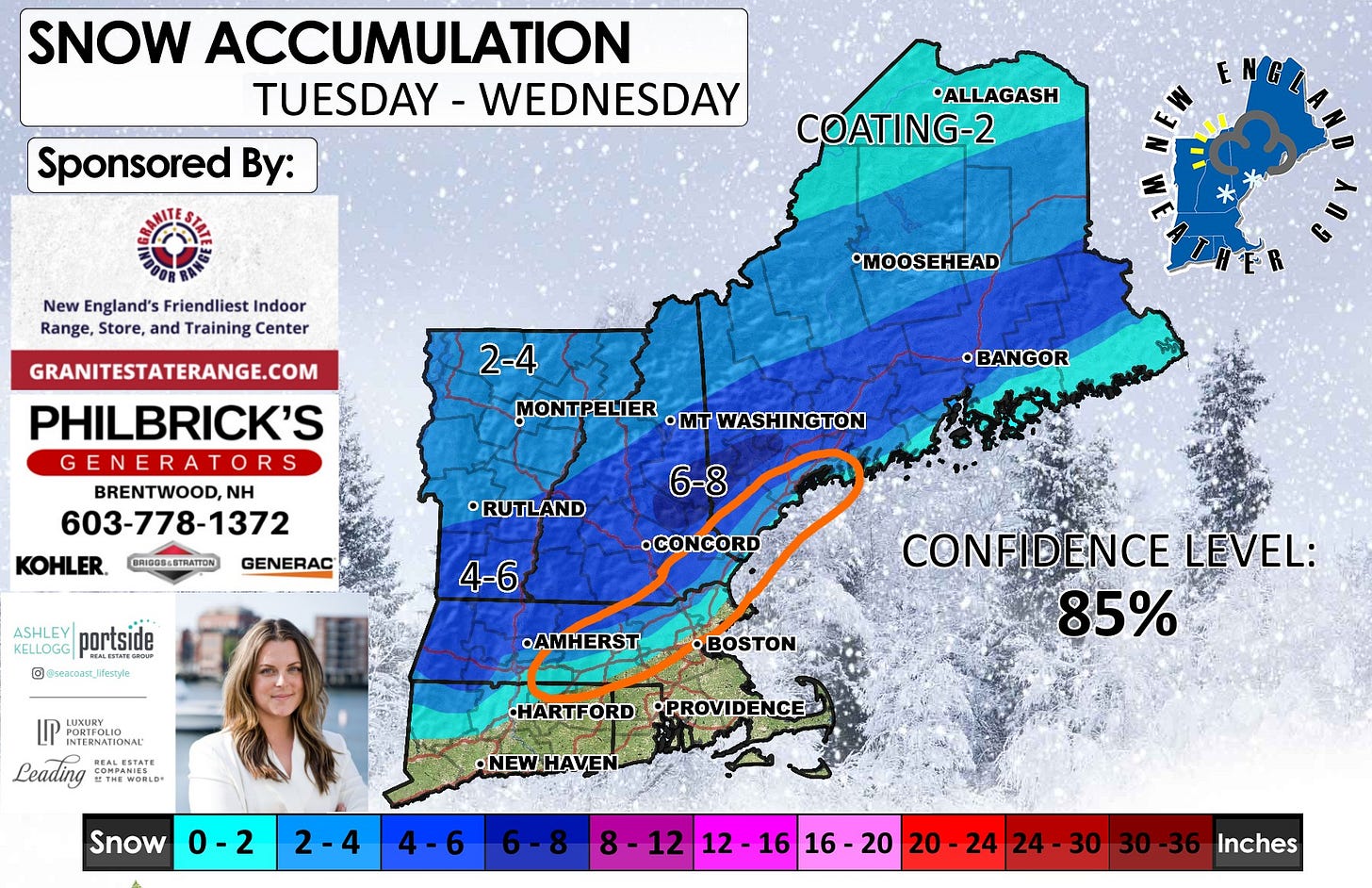 May be an image of snowplow, map, ski slope and text that says 'SNOW ACCUMULATION TUESDAY - WEDNESDAY Sponsored By: •ALLAGASH COATING-2 E ENG New England's Friendliest Indoor Range, Store, and Training Center •MOOSEHEAD GRANITESTATERANGE.COM PHILBRICK'S GENERATORS BRENTWOOD,NI NH 603- 603-778-1372 KOHLER. GENERAC 2-4 MONTPELIER •mT WASHINGTON •BANGOR BRIGOS-STRATTION RUTLAND 6-8 ASHLE portside KELLOGG rИEa © @seacoaR_Jfestyla 4-6 •CONCORD BOSTEN LUXURY INTERNATIONAL INTERNATIONA Leading ETHE THEWORLD REALESTATE BEALESTATE .AMHERST BOSTON CONFIDENCE DENCE LEVEL: 85% HARTFORD PROVIDENCE Snow 0-2 •NEWHAVEN 2 2-4 4-6 6-8 16 16 16-20 20 20- 20-24 24 24-30 30 Inches'