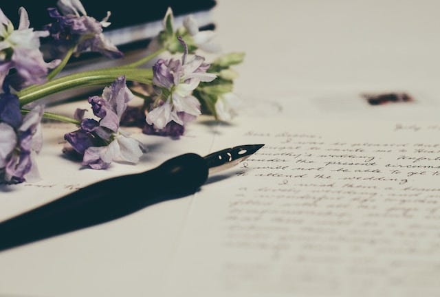 Fountain pen and tiny flowers on a handwritten sheet of paper, evoking the theme of personal reflection and thoughtful choices.