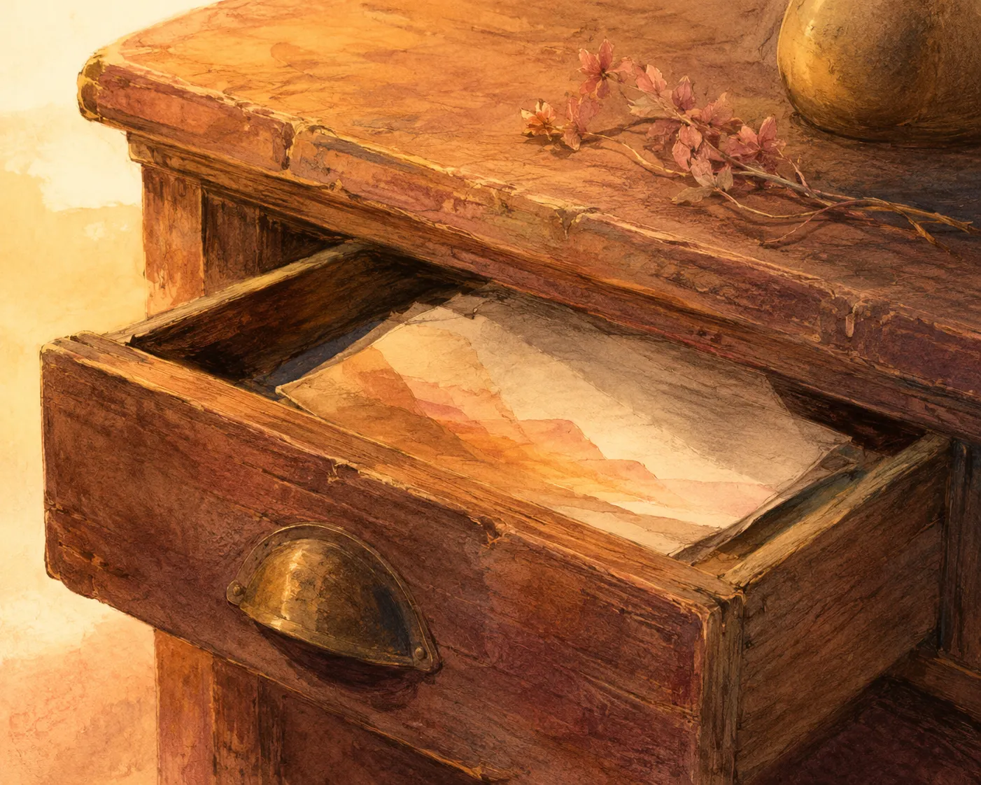 The drawer open, revealing a watercolor desert landscape inside