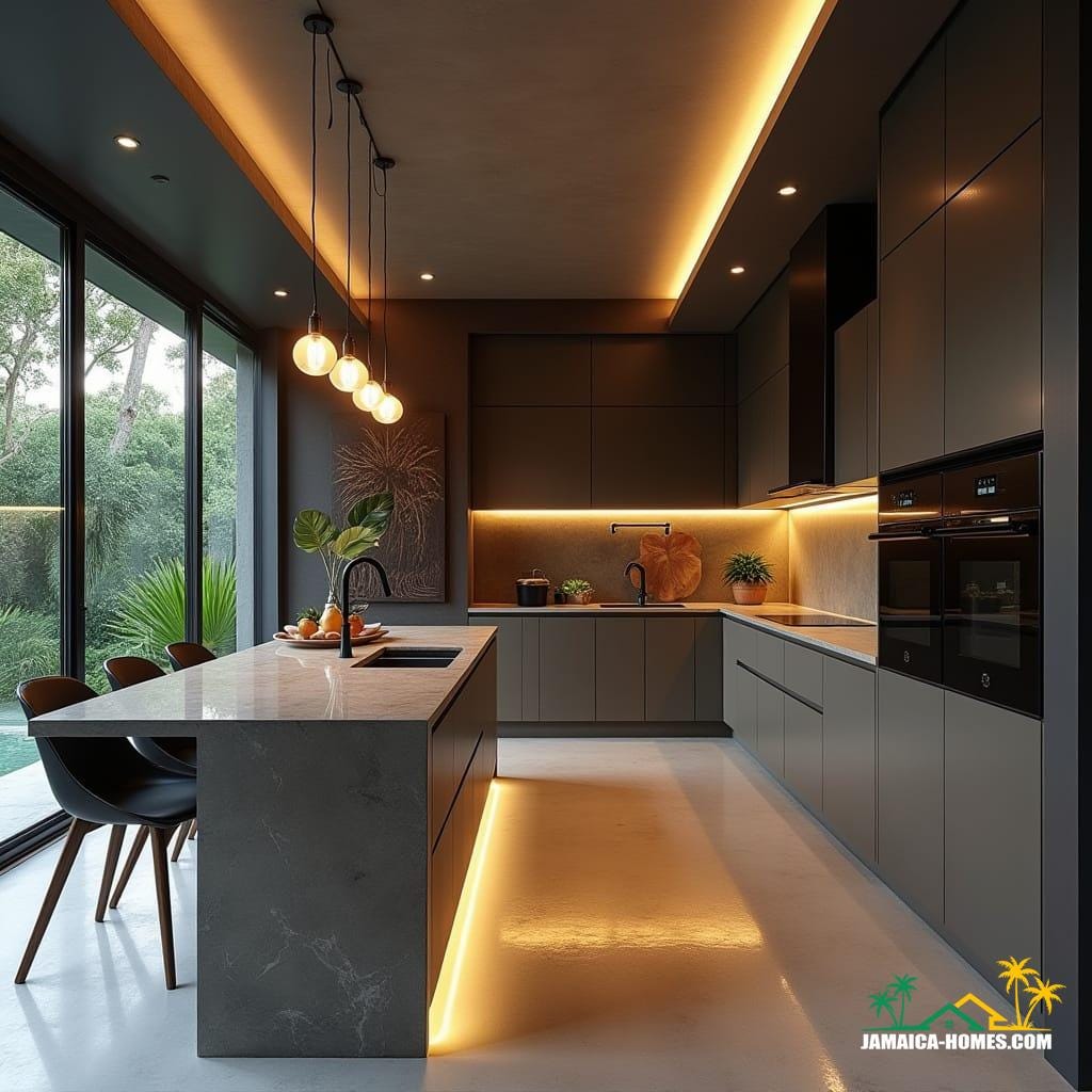 A sleek, ultra-modern kitchen in Jamaica, nestled within a single-story garage, exudes luxury through its compact design. Matte-finish cabinetry in neutral tones, complemented by rich wood and black accents, lines the space, while a quartz-topped waterfall island serves as the centerpiece. State-of-the-art smart appliances blend seamlessly into the open-concept layout, illuminated by warm LED lighting that casts a subtle glow under the cabinets. A large glass window floods the space with natural light, framing a stunning tropical view. Stylish pendant lights suspended above the island add a touch of sophistication, while a hidden pantry maintains the space's sense of sleek minimalism. Cinematographer's eye, shot on V-Raptor XL, 35mm film aesthetic, cinematic lighting, warm color grading, and post-processed to perfection, with a hint of film grain and vignette, evoking the mastery of directors like Denis Villeneuve, Roger Deakins, and Emmanuel Lubezki, blending realism with a sense of epic drama.