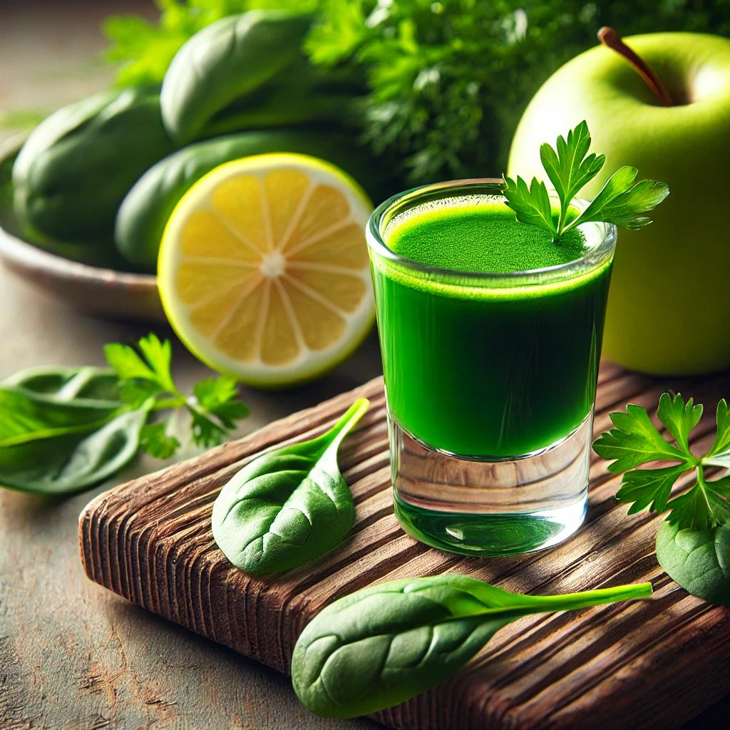 A realistic and vibrant image of a green immunity shot served in a small glass on a rustic wooden table. The shot is bright green, surrounded by fresh spinach leaves, parsley, a slice of green apple, and a wedge of lemon. The setting is clean and inviting, with natural light emphasizing the freshness and health benefits of the drink.