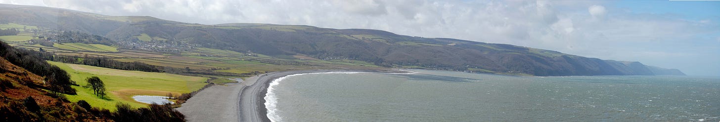 gravel beach and steep wooded coastline