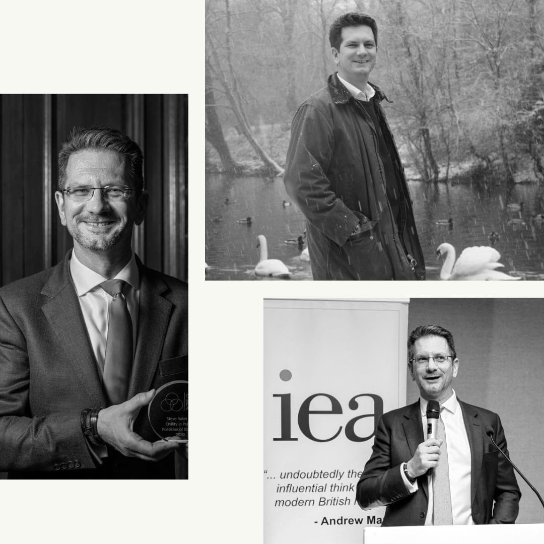 Steve Baker pictured left winning the Civility in Politics Politician of the Year award, top right in the snow in Wycombe in 2010, and bottom right, speaking for the IEA at Conservative Conference 2024