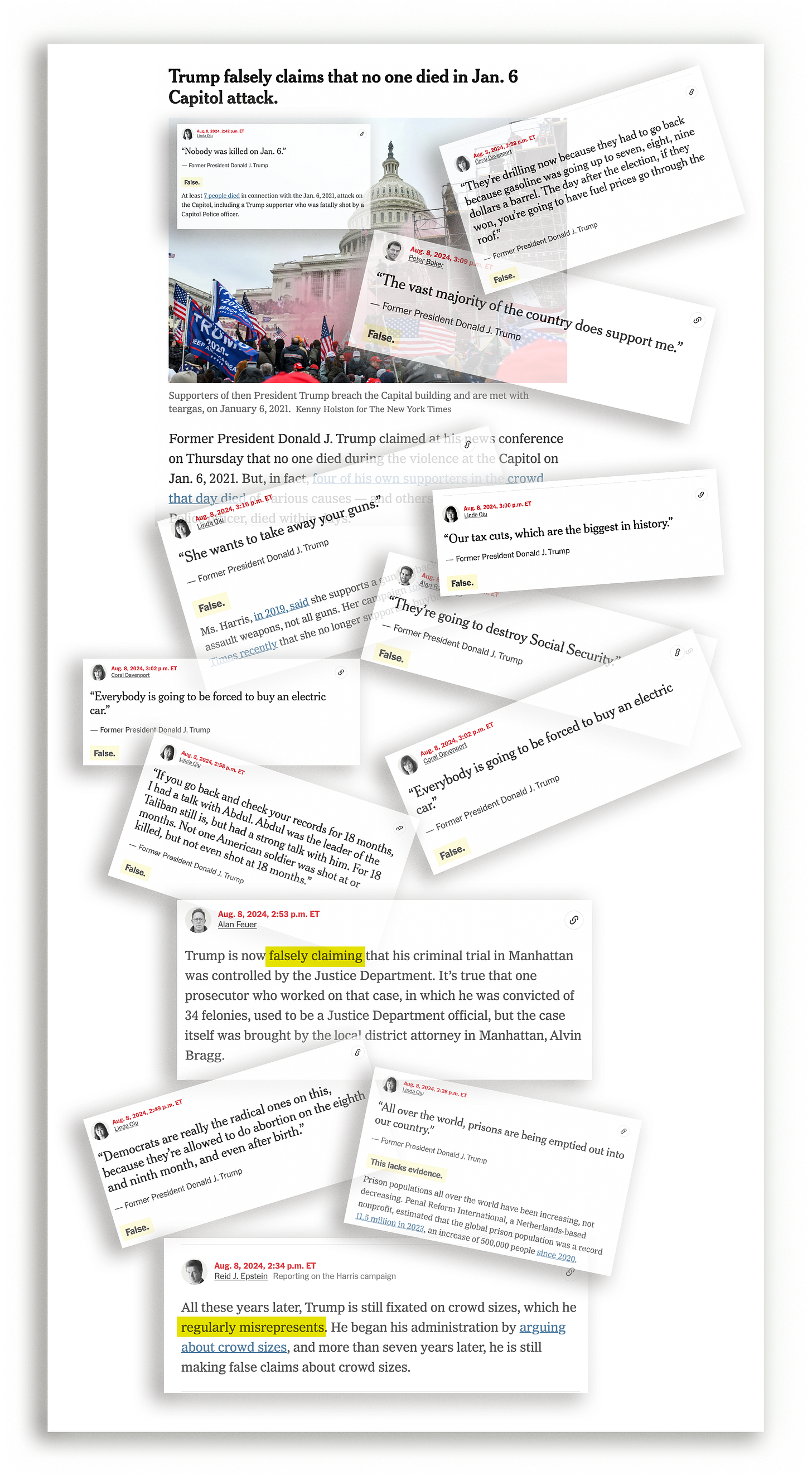 Collage of New York Times screenshots with headlines such as "Trump falsely claims that no one died in January 6 Capitol attack" Collage of New York Times screenshots with headlines such as "Trump falsely claims that no one died in January 6 Capitol attack"