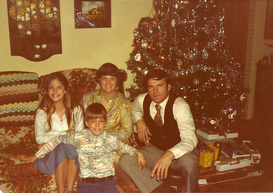 Mom, Dad, their 12-year-old daughter and 8-year-old son posed by the family's Christmas tree in 1978 Mom, Dad, their 12-year-old daughter and 8-year-old son posed by the family's Christmas tree in 1978