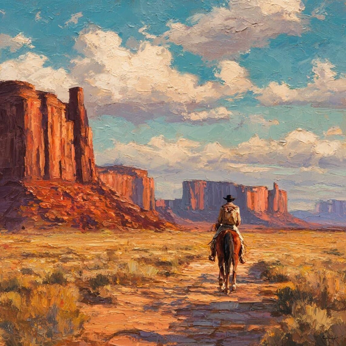 Oil painting of a cowboy riding a horse through a desert canyon landscape with dramatic cliffs and blue sky. Oil painting of a cowboy riding a horse through a desert canyon landscape with dramatic cliffs and blue sky.