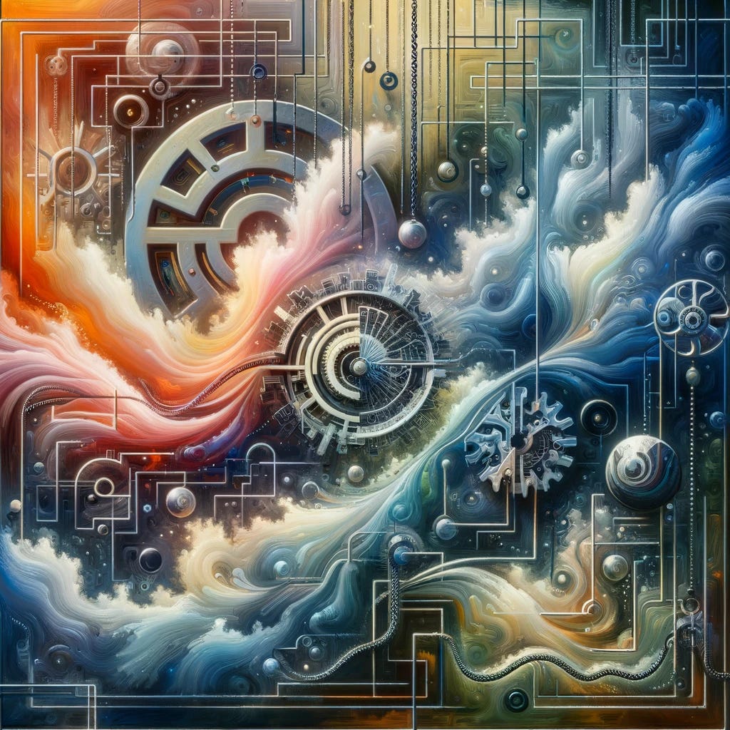 Abstract art representing the concept of free will in the context of determinism and automaton decision-making. The artwork should visually express the tension between predetermined pathways and the subjective experience of choice. It should include symbolic elements such as a labyrinth to represent decision-making complexity, chains or gears to symbolize determinism, and ethereal, fluid forms or bursts of color to depict the subjective, human aspect of free will. The composition should balance these elements to convey the nuanced interplay between determinism and free will.