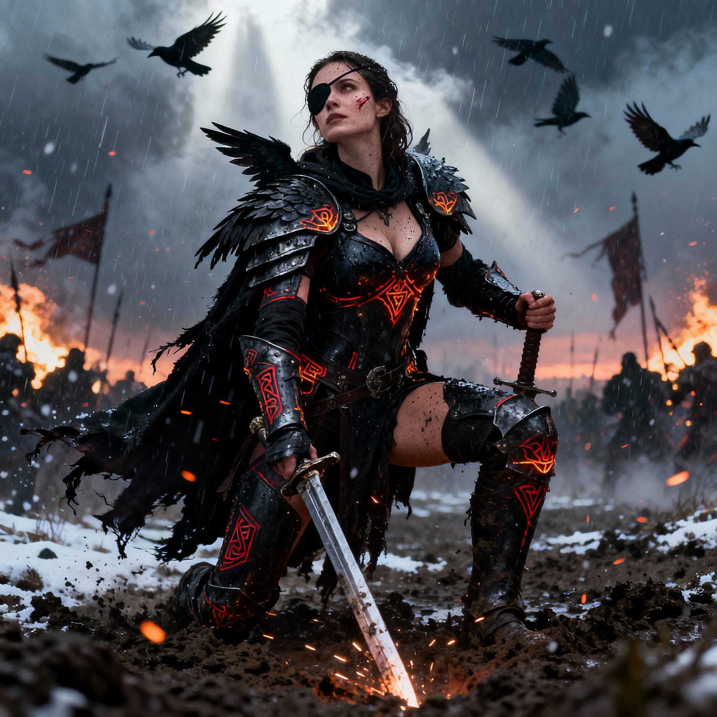 Battle-hardened valkyrie with a left eye patch kneels in mud, runed black armor glowing ember-red, sword biting earth as crows wheel in smoky rain. Battle-hardened valkyrie with a left eye patch kneels in mud, runed black armor glowing ember-red, sword biting earth as crows wheel in smoky rain.