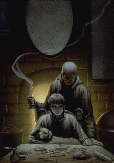 LEFT: Detail from ASSASSIN'S APPRENTICE featuring a boy kneeling with his arms wrapped around a dog. A white-bearded man wearing robes and holding a candlestick stands next to him with a hand resting on the boy's head. A book lies fanned on the ground, and a ferret emerges from the tent of its pages. The artist’s sigil, a stylized M and W joined in a circle, adorns the cover.  RIGHT: Alternate preliminary concept for ASSASSIN'S APPRENTICE. Backlit by a fireplace, a boy sits at a table holding a dog in his lap. A bald man stands behind him holding a candle. A wisp of smoke curls off the candle. An assortment of trinkets, blades, and powders sit on a table in front of them.