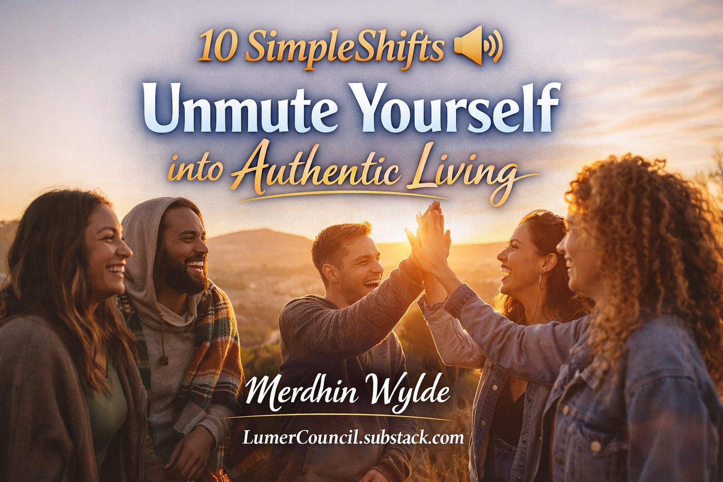 Group of five adults standing on a hillside at sunset, smiling and high-fiving as warm golden light glows around them, with the title “10 SimpleShifts 🔊 Unmute Yourself into Authentic Living,” the name Merdhin Wylde, and LumerCouncil.substack.com overlaid on the image.
