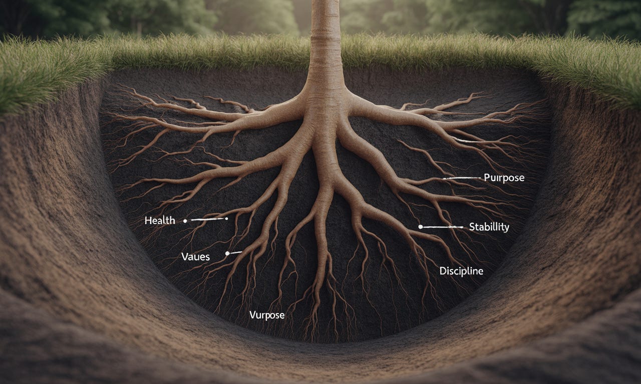 Illustration showing deep, interconnected tree roots symbolizing foundation, stability, and personal values.
