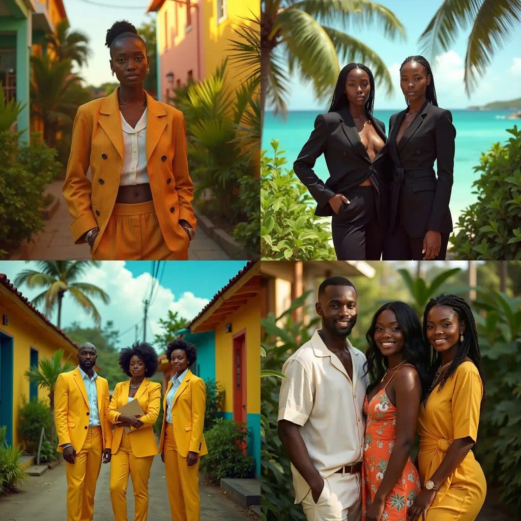 Regal black models dressed in stylish, modest real estate agent attire, posing in a vibrant Jamaican Caribbean setting, exuding confidence and poise.
