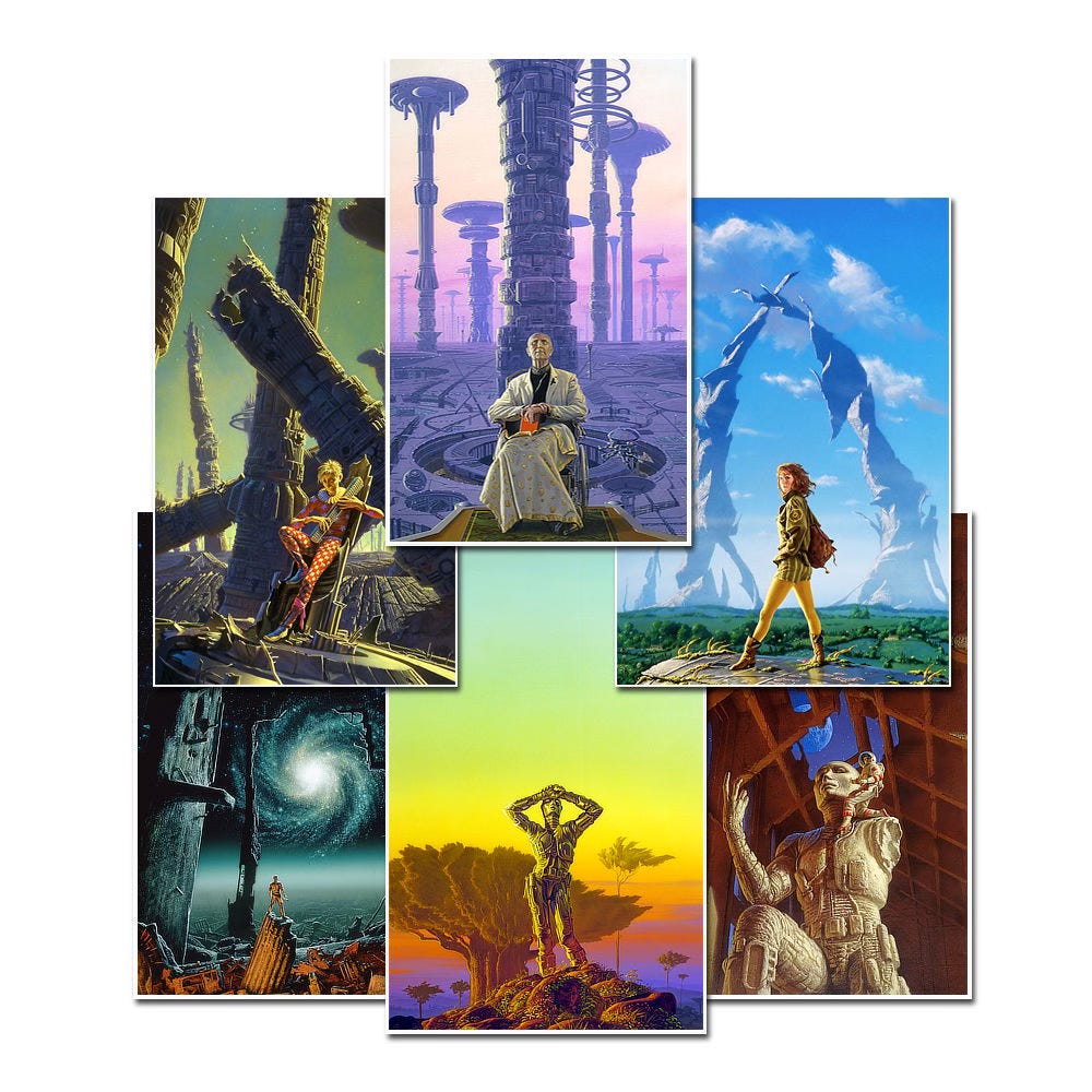 A grouping of 6 Isaac Asimov prints including (from upper left): THE MULE, HARI, ARKADY, TRANTORIAN DREAM, GISKARD, and FOUNDATION AND EMPIRE.