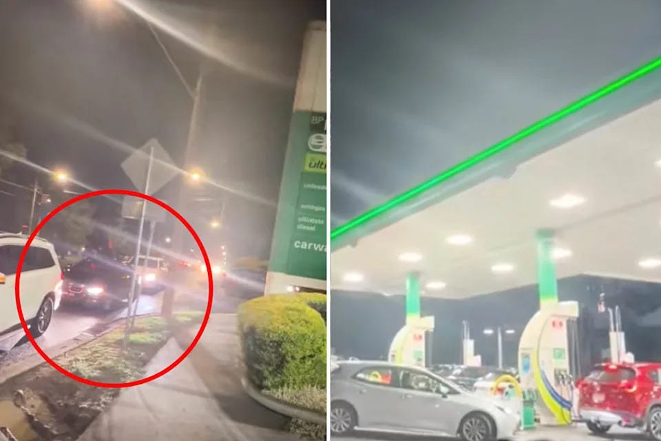 A busy Melbourne petrol station on Sunday night. 