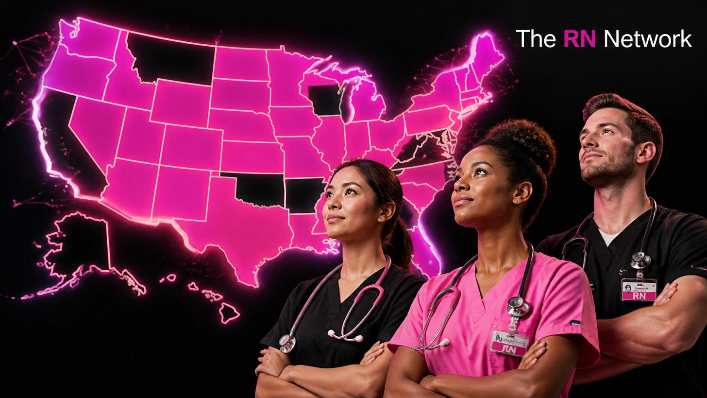 Diverse professional nurses in modern pink and black scrubs looking at a high-tech map of the 41 compact states in the USA with the RN Network logo.
