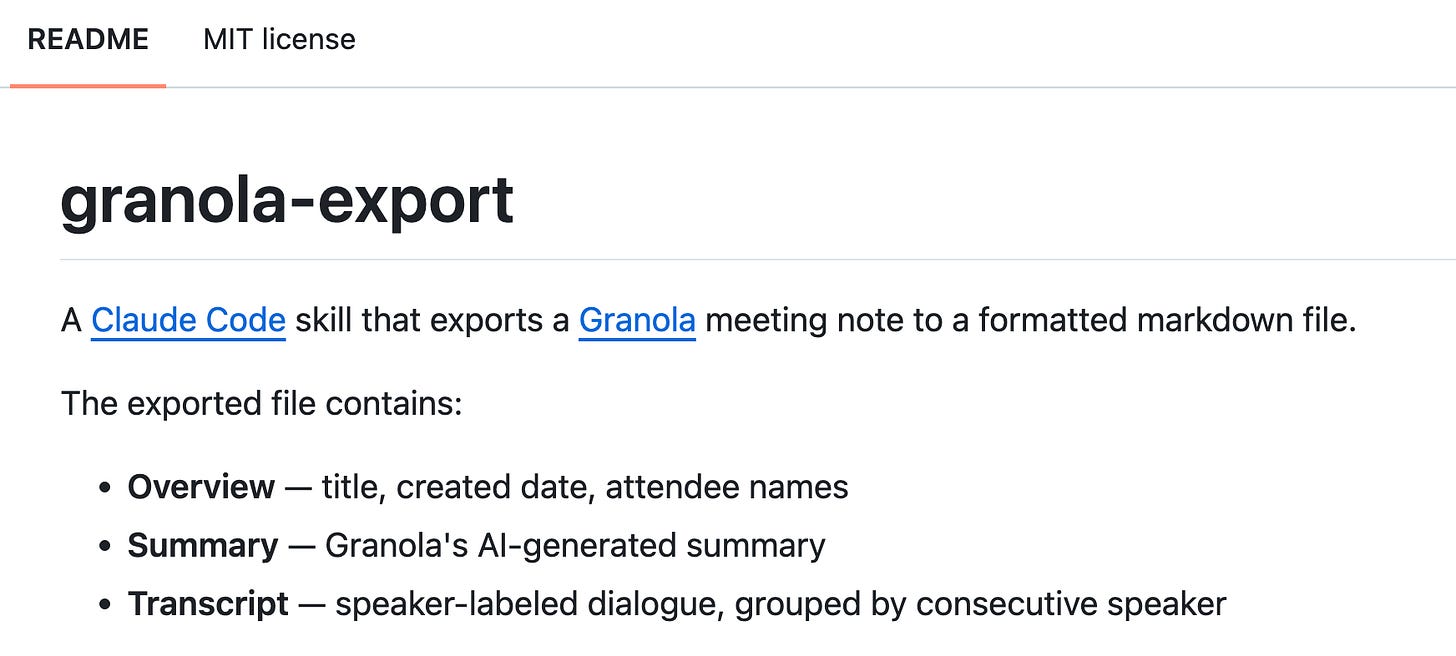Screenshot of the Granola Export skill’s GitHub repo showing the ReadMe summary section. Screenshot of the Granola Export skill’s GitHub repo showing the ReadMe summary section.