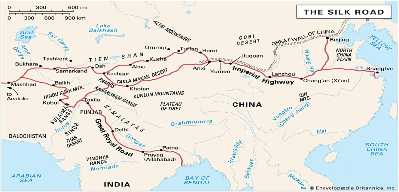 Figure 1: 
The Silk Road. Source: The Editors of Encyclopedia Britannica (2021).
