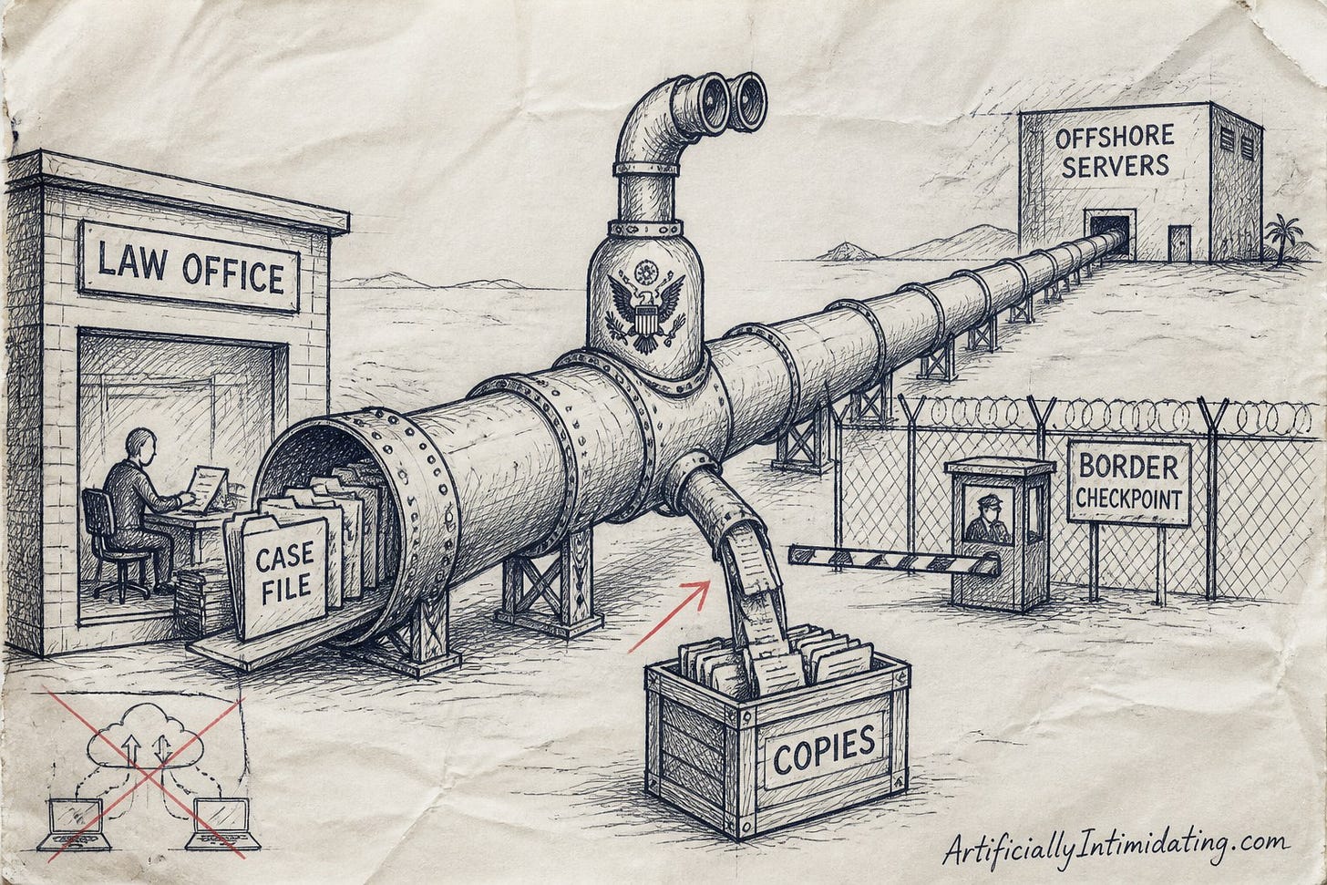 Hand-drawn sketch of a pneumatic pipe carrying legal file folders out of a small law office, crossing a border checkpoint fence, and disappearing into a windowless building labelled offshore servers, while a periscope stamped with a government seal taps the pipe and siphons copies into a crate.