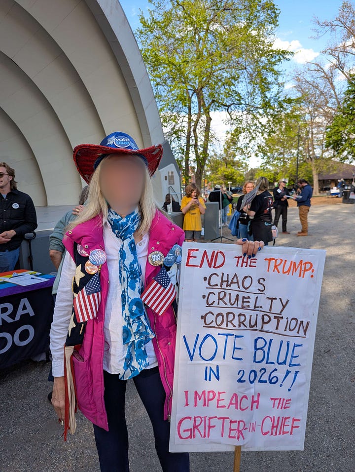 From top left, clockwise: a woman in a cowboy hat and a pink vest holds a sign reading "End The Trump Chaos Cruelty Corruption, Vote Blue in 2026, Impeach the Grifter-in-chief, a choral group with sound equipment and songsheets performs in a half-shell - they have a banner identifying themselves as the Singing Resistance: Boulder; a banner at a table for Soboco Indivisible, modeled after the American flag, reading Join Us, Stand Up, Fight Back; a large crowd of protesters gathered along the street.