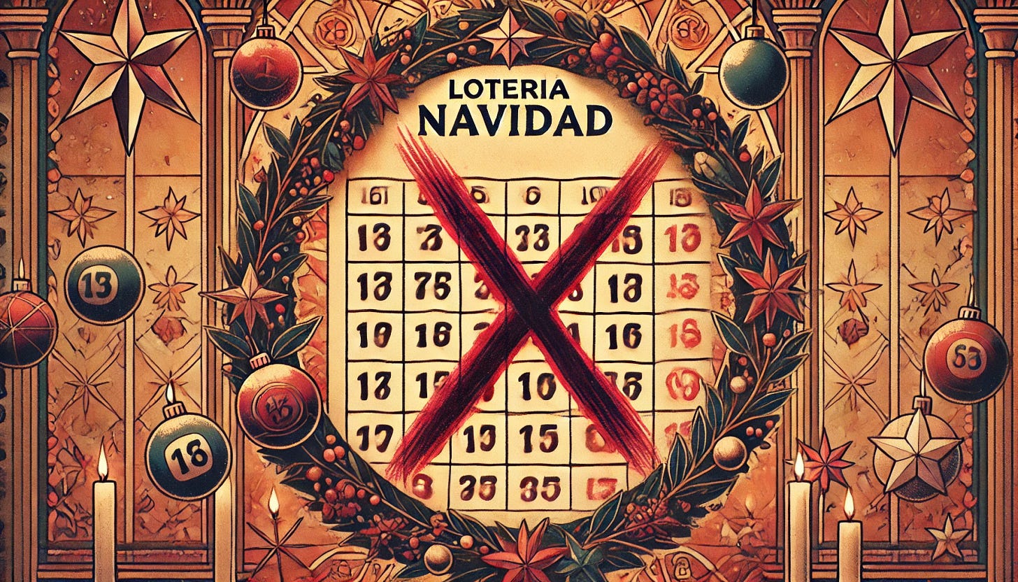 A wide, horizontal illustration depicting the Spanish Christmas Lottery (Lotería de Navidad) with a crossed-out lottery ticket in the foreground. The ticket's numbers and design are clearly visible but prominently marked with a bold red 'X' or line to signify rejection or critique. The background features festive holiday decorations like garlands, stars, and baubles, along with faint numerical patterns representing probability. The overall tone is warm and celebratory, but the crossed-out ticket adds a critical or thought-provoking element to the scene.