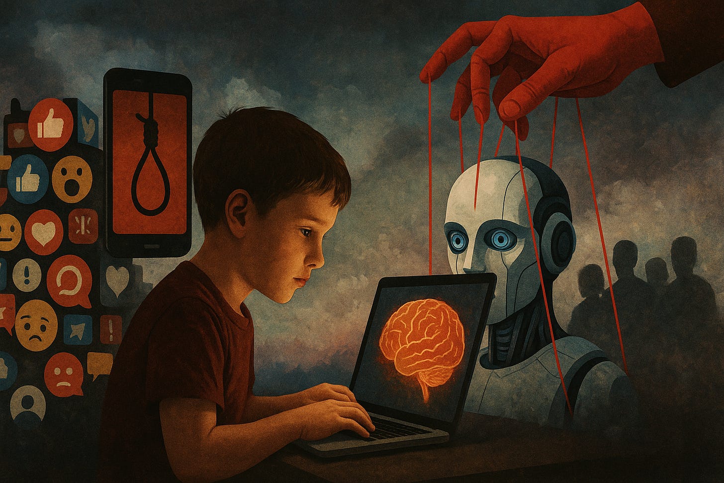 A young boy in a red shirt sits at a table, frowning and pointing at a glowing tablet while resting his head in his hand. Beside him, a robotic humanoid head with glowing eyes stares at him. The background is deep red with unsettling imagery: two nooses hanging on the left, a ghostly profile of a girl in a phone screen, a dark skull, shadowy faces, and a floating laptop. The overall mood conveys danger, manipulation, and the psychological risks of AI on children. A young boy in a red shirt sits at a table, frowning and pointing at a glowing tablet while resting his head in his hand. Beside him, a robotic humanoid head with glowing eyes stares at him. The background is deep red with unsettling imagery: two nooses hanging on the left, a ghostly profile of a girl in a phone screen, a dark skull, shadowy faces, and a floating laptop. The overall mood conveys danger, manipulation, and the psychological risks of AI on children.