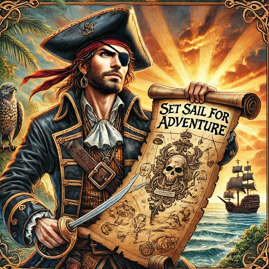 A detailed illustration of a pirate holding a tattered pirate map in an adventurous pose. The pirate has a rugged look with a tricorn hat, an eyepatch, and a long coat with gold trim. The map is old and weathered, with 'Set Sail for Adventure' written prominently in elegant, hand-drawn script. The background features a dramatic seascape with a pirate ship in the distance and a tropical island with a treasure chest partially visible. The scene evokes a sense of excitement and exploration, with vibrant and dynamic colors.
