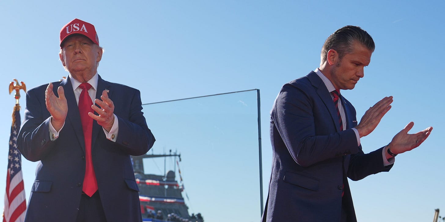Pete Hegseth walks from the stage after introducing Donald Trump at an event for Anduril Industries on Oct. 6, 2026, in Sparrows Point, Maryland.