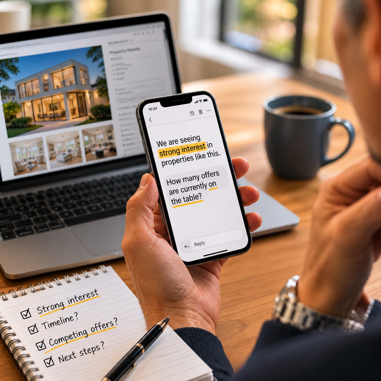 A person reviewing a real estate email on a phone while looking at property details on a laptop and notes on a desk.