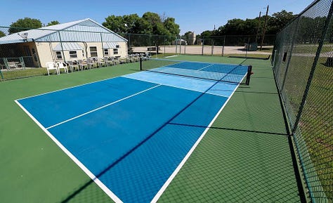 Three views of Wildwood Naturist Resort: a swimming pool set up for water volleyball with lounge chairs in the background, a bright blue pickleball court next to a clubhouse, and a wide meadow filled with blooming red wildflowers under a summer sky.