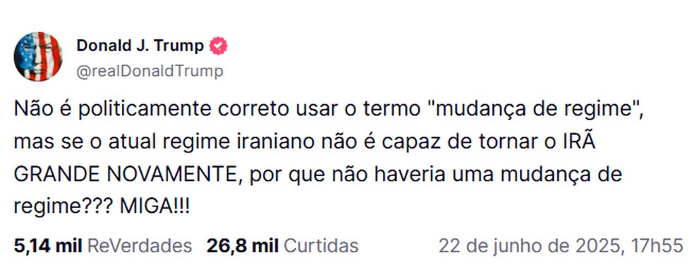 Post Donald Trump na rede social The Truth Social — Foto: Reprodução