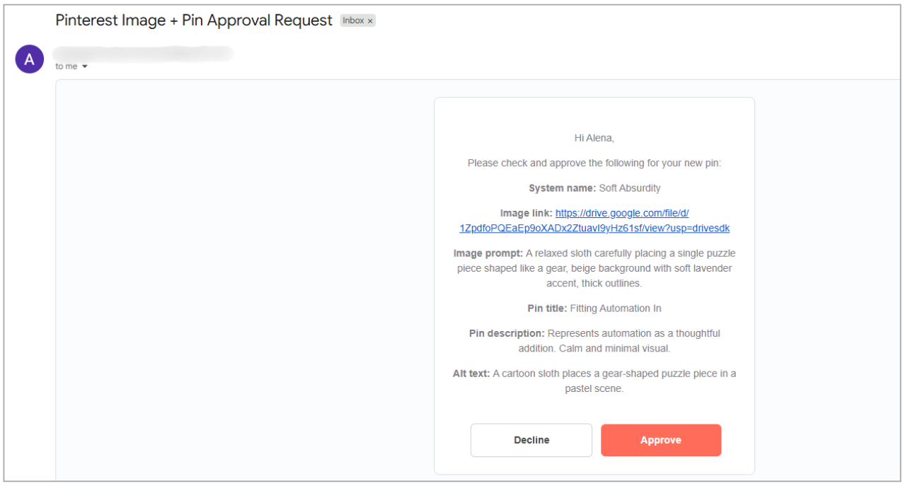 A screenshot of an example email titled "Pinterest Image + Pin Approval Request" with details about a pin featuring a sloth and a gear-shaped puzzle piece, ready for the reviewer's approval. The AI-generated image link is also included.