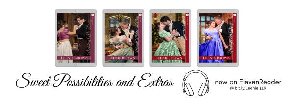 Covers of the first four book covers in the Sweet Possibilities and Extras collection with the words "Sweet Possibilities and Extras now on ElevenReader" with a sketch of headphones and a web address bit.ly/Leenie-11R