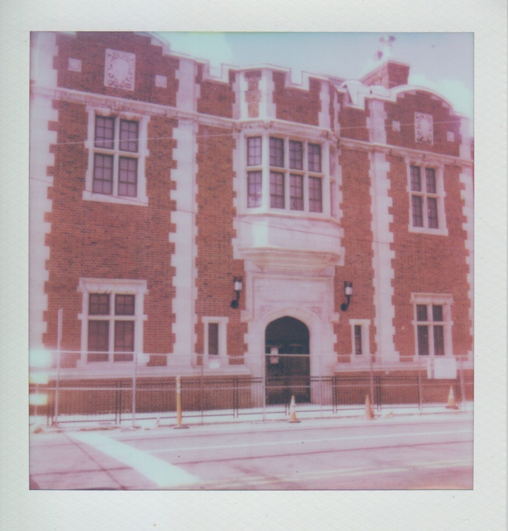 Polaroid of the front of the historic Oliver Bath House on South Side.