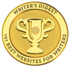 Writing blog award: Writer's Digest gold trophy emblem for 100 best websites for writers for Writers in the Storm Writing blog award: Writer's Digest gold trophy emblem for 100 best websites for writers for Writers in the Storm