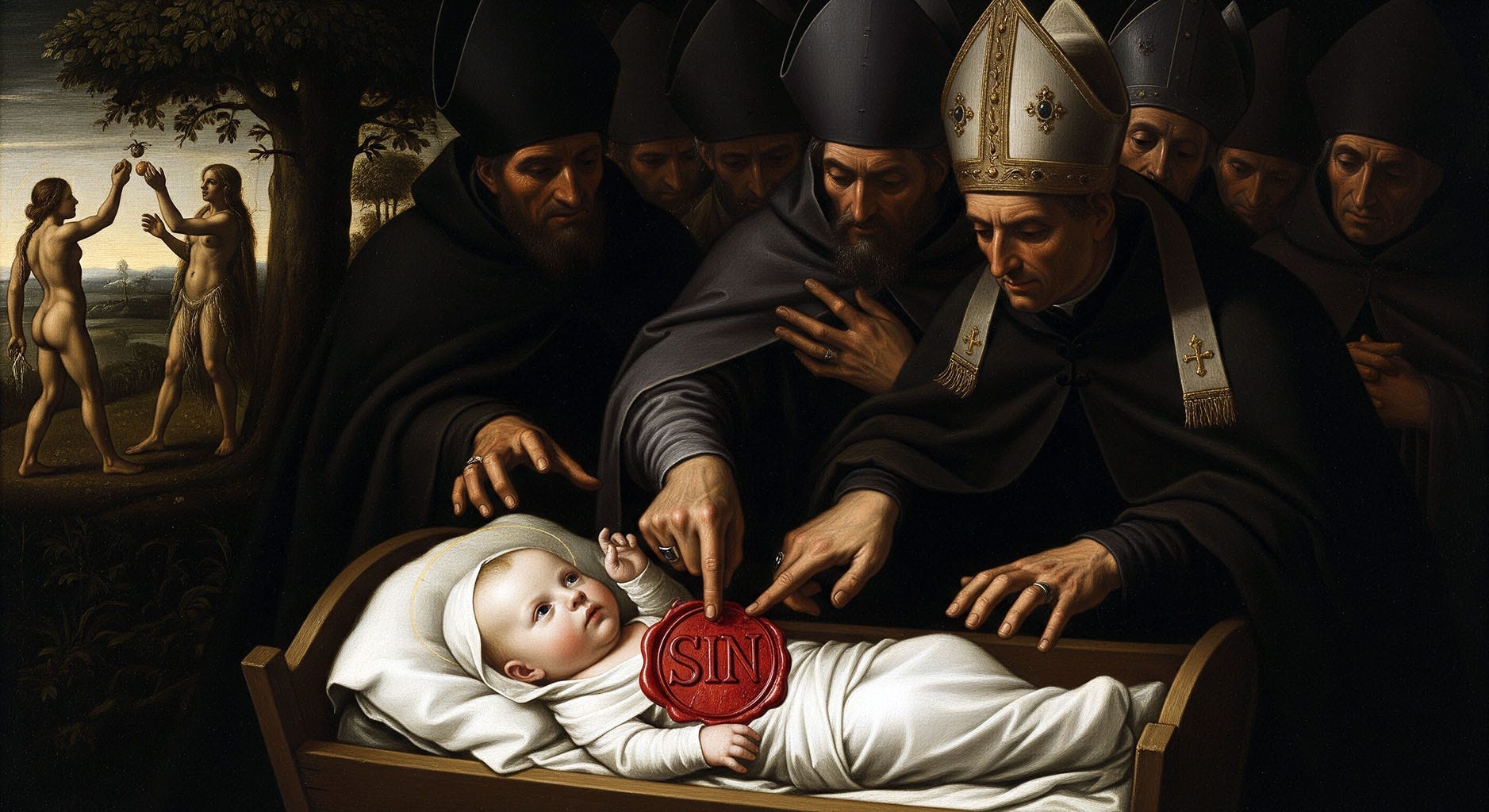 Illustration of a baby marked with “sin” by church figures, with Adam and Eve in the background and Judaism and Islam glowing apart, symbolizing how original sin was imposed by Christianity but rejected by other faiths.