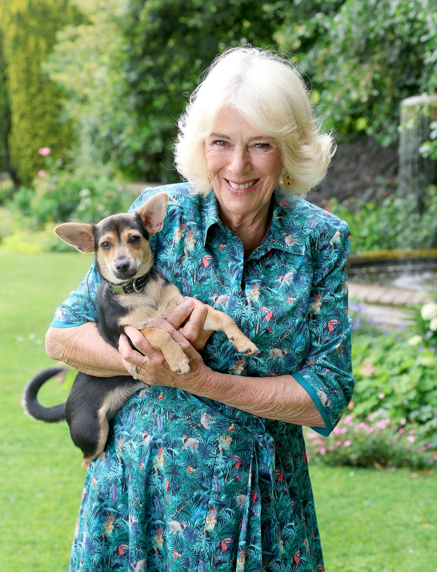 Queen Camilla holding a dog