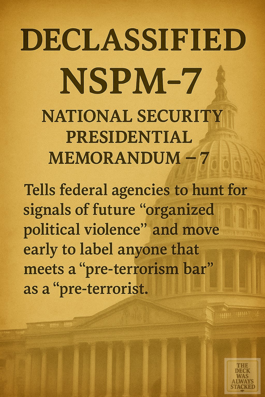 A sepia-toned image showing a declassified government memorandum overlaid with the shadow of the U.S. Capitol rotunda, symbolizing surveillance and control of dissent.
